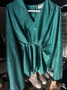 Impressions Teal Metallic V-Neck Peplum Blouse
